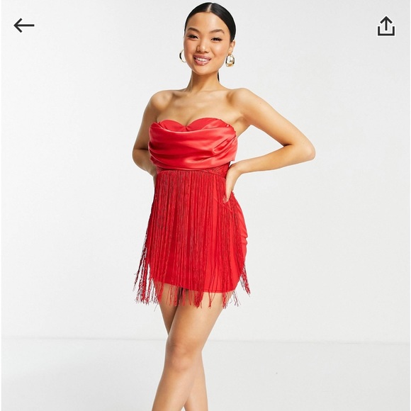 ASOS DESIGN petite cowl bandeau fringed mini dress in red - Picture 1 of 6